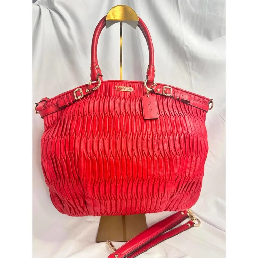 Coach Madison Sophia Gathered Red Leather Satchel with Crossbody Strap